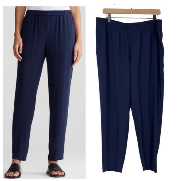 Eileen Fisher Pull On 100% Silk Navy Blue Pants Elastic Waist Straight Leg PS - Picture 1 of 7